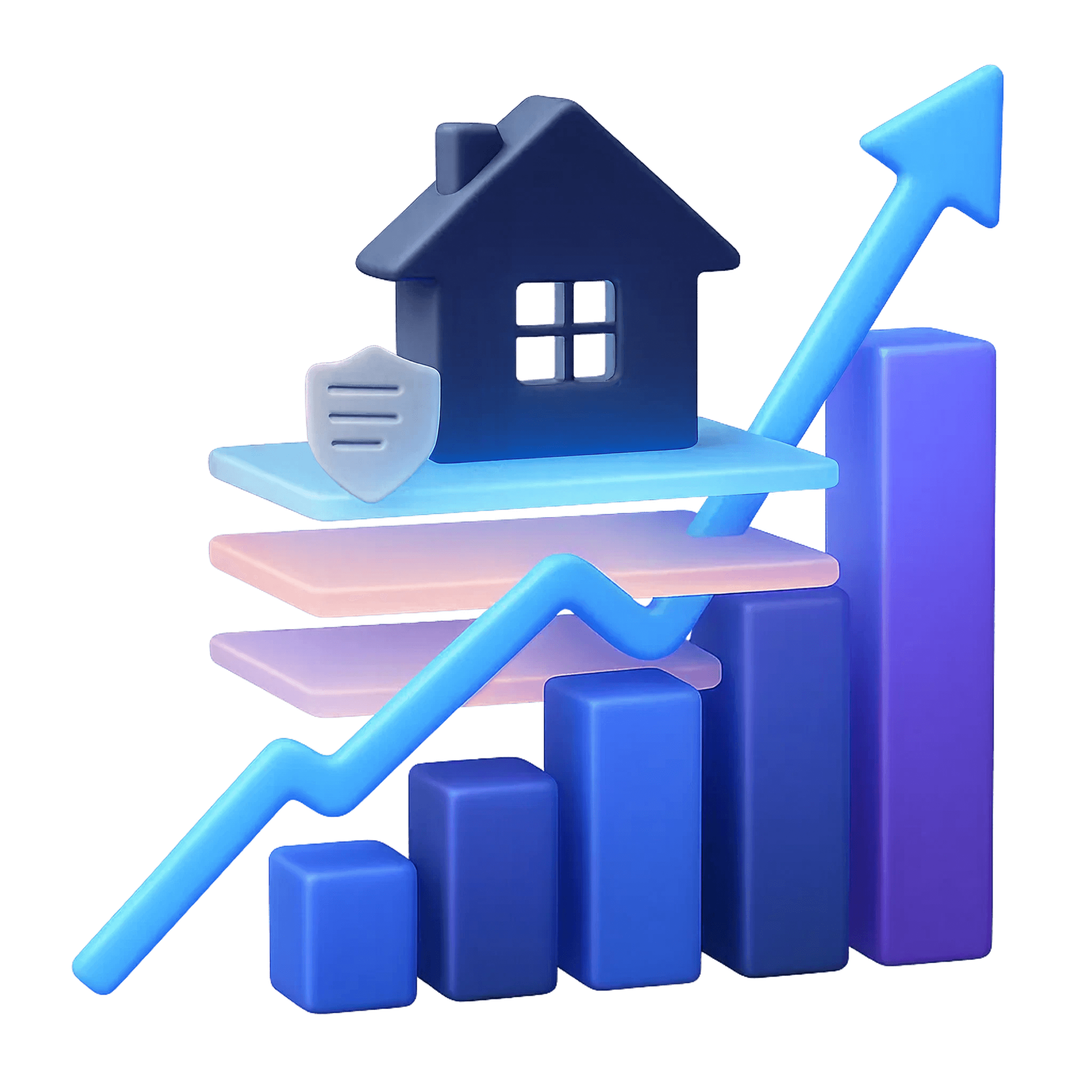 A house with a bar chart and a line chart going up